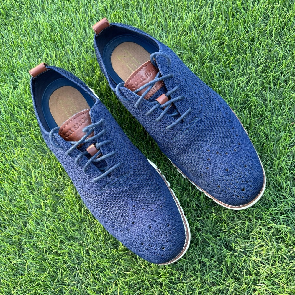 Cole Haan men’s Oxford, dress shoes, navy blue fabric with brown leather accents